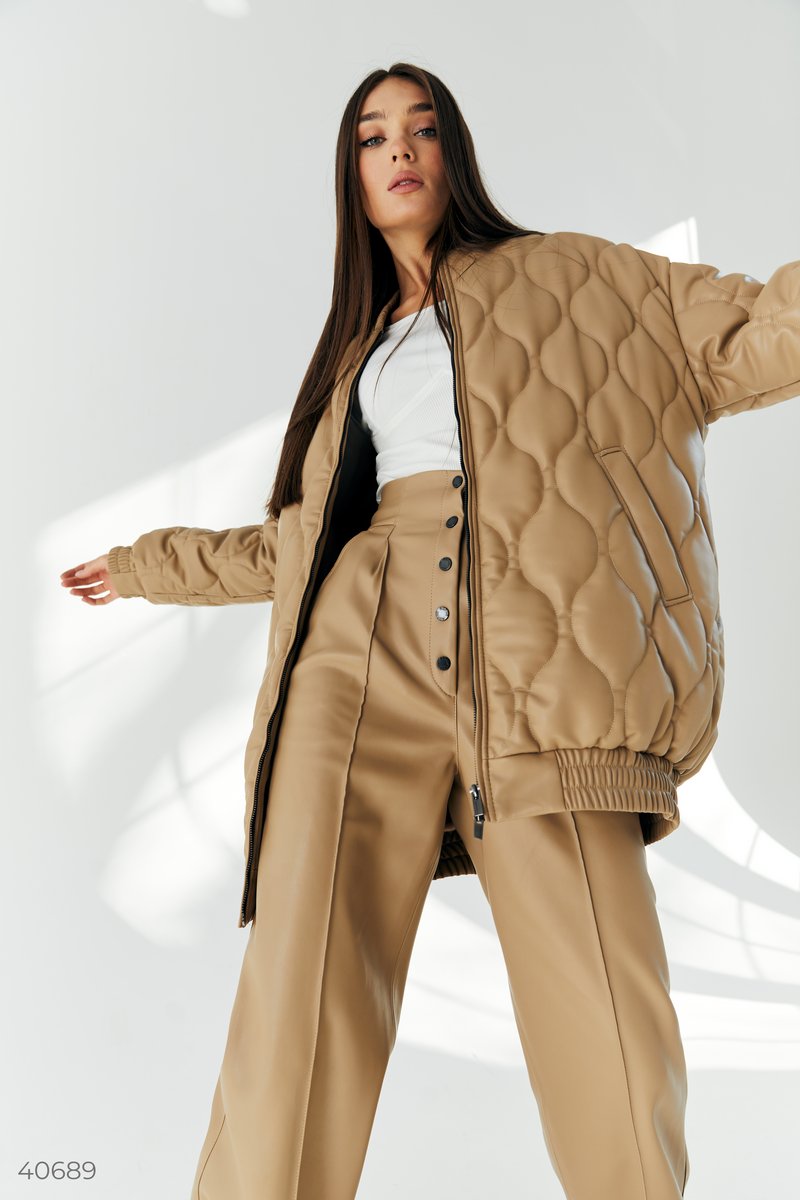 Beige eco-leather longline bomber jacket