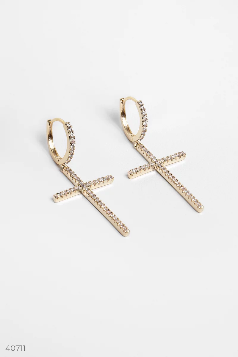 Gold-coloured cross earrings with rhinestones photo 1