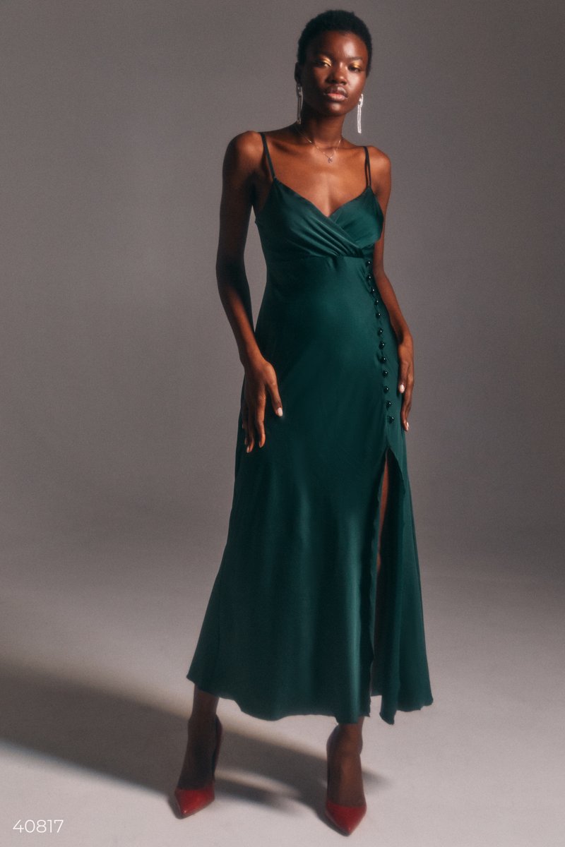 Изумрудное платье-комбинация с разрезом Зеленый 40817