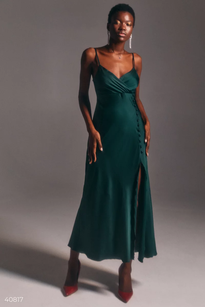 Emerald slip dress with slit photo 1