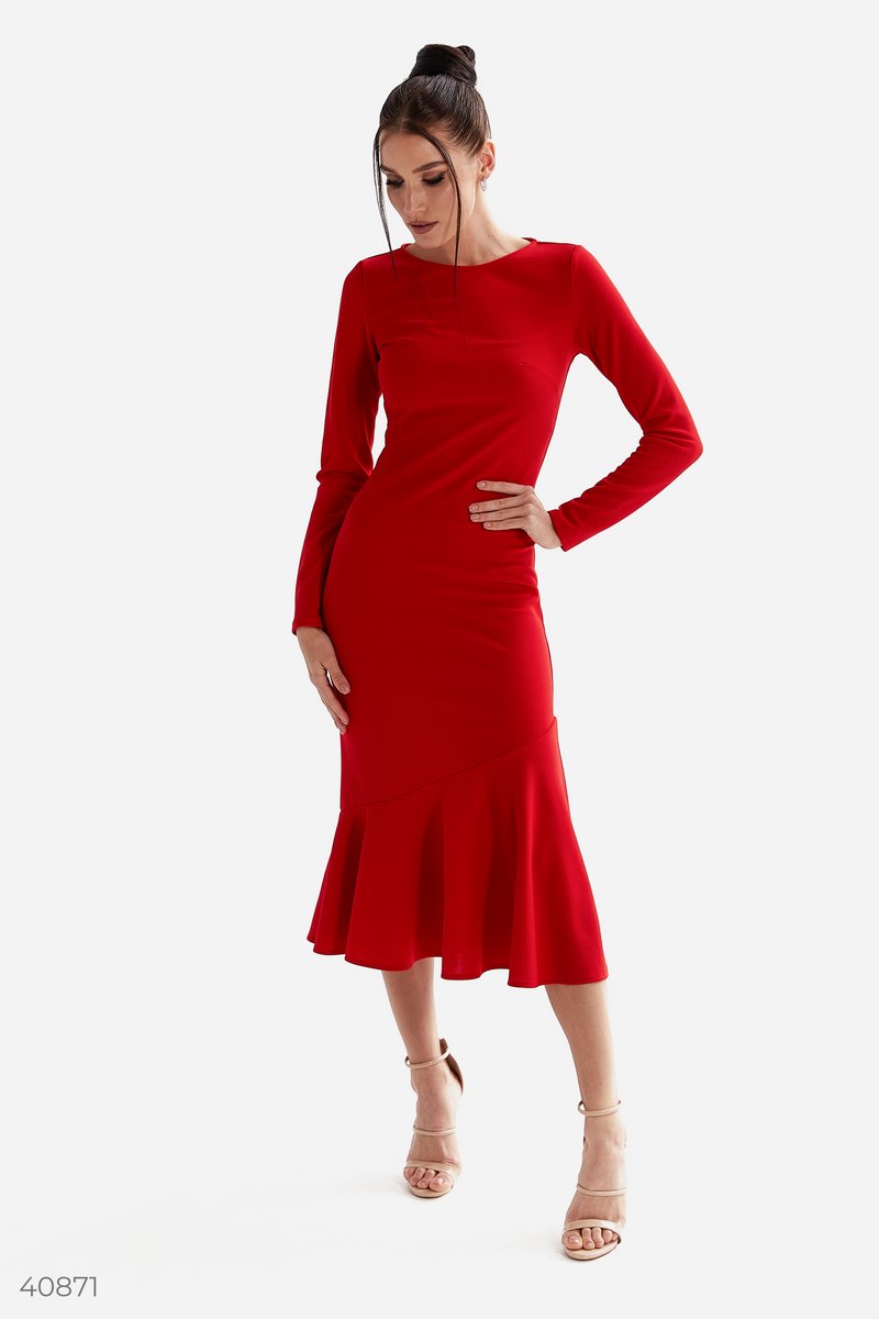 Красное платье миди с оборкой Красный 40871