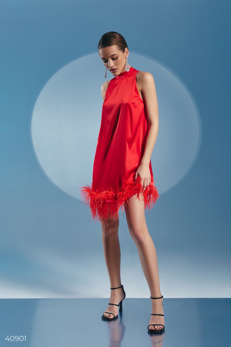 Red silk dress with feathers  