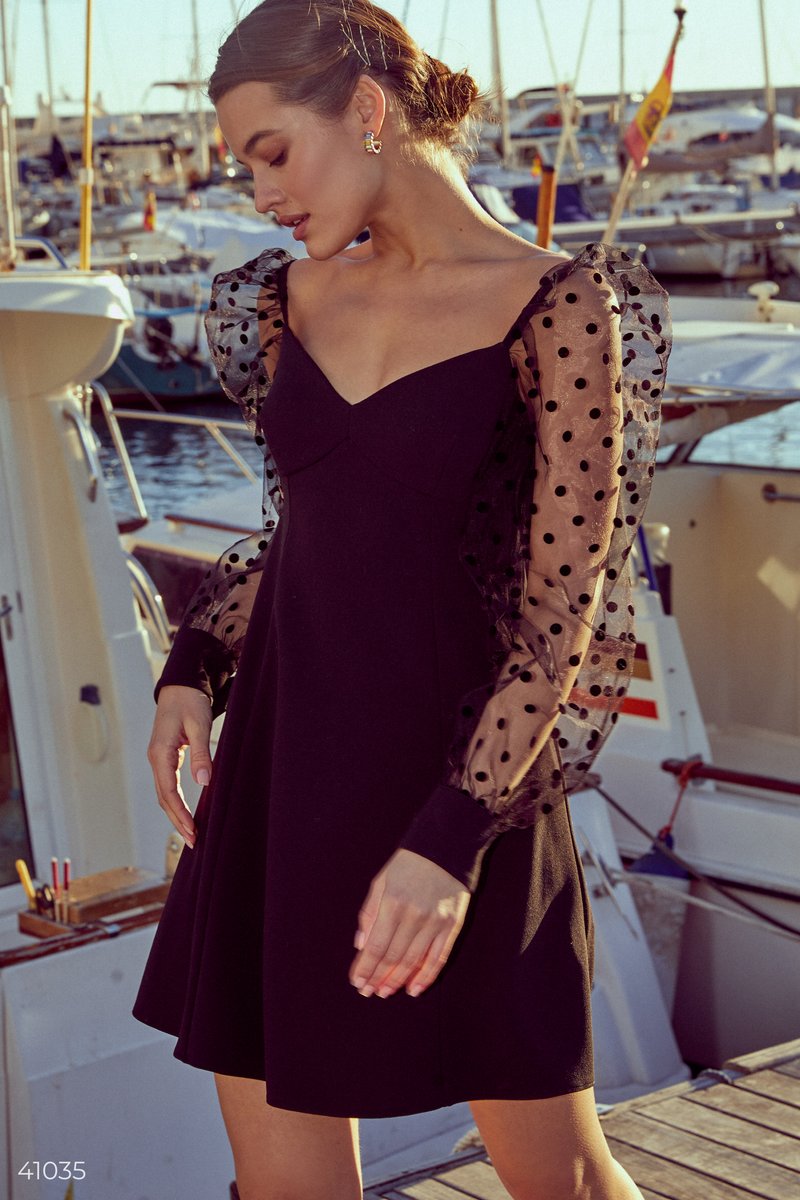 Чорна сукня міні з сітчастими рукавами Чорний 41035