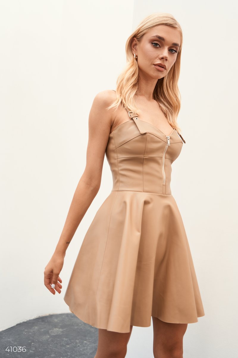 Beige eco-leather mini dress  