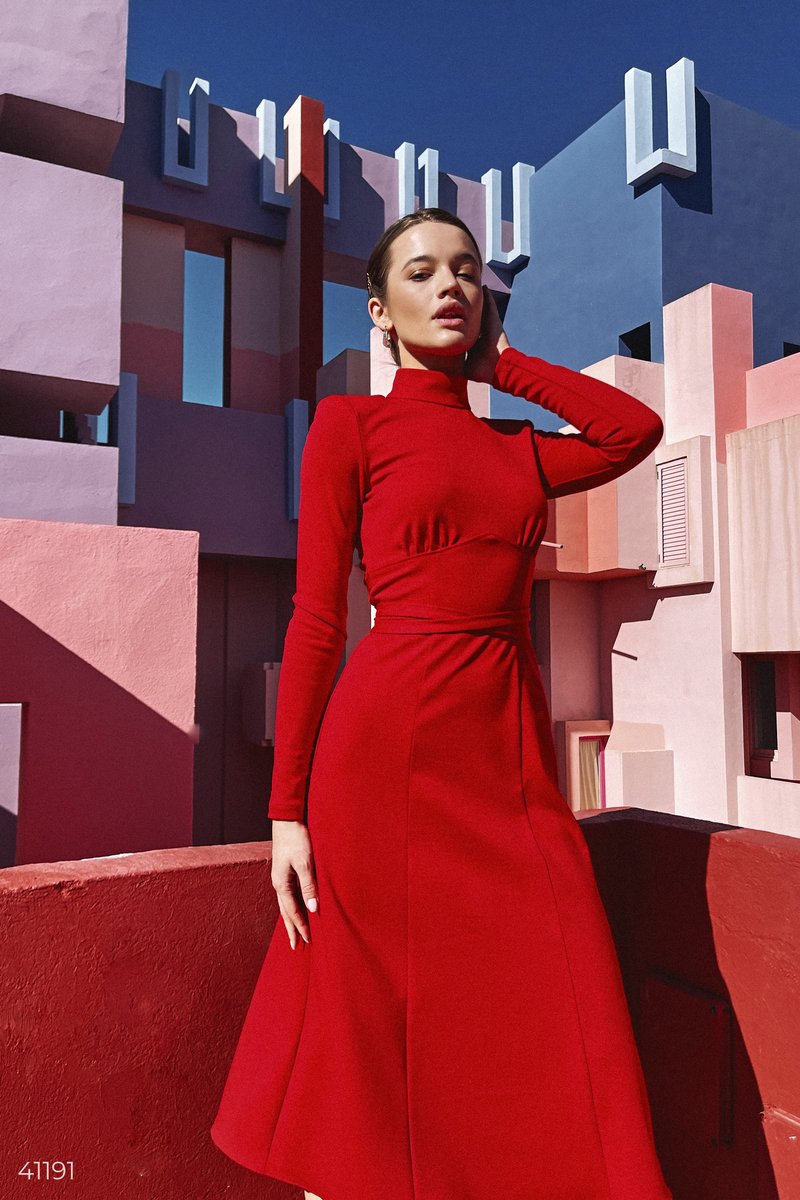 Red midi dress with belt