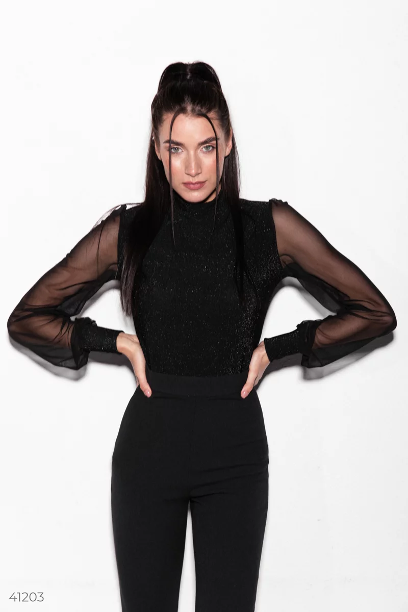 Black blouse with sheer sleeves photo 1