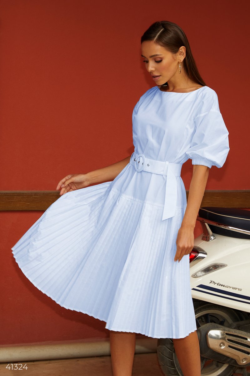 Лаконичное платье с плиссированной юбкой Голубой 41324
