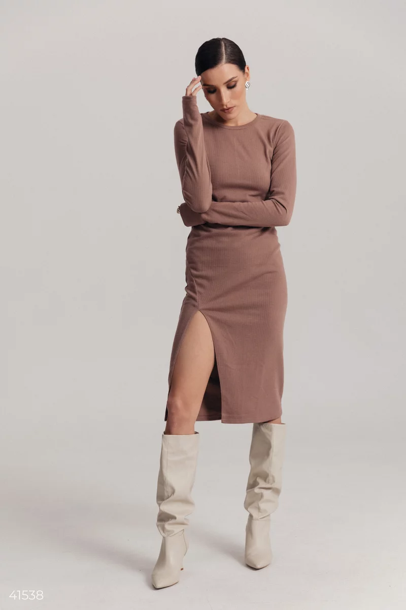 Beige fitted knitted dress photo 1