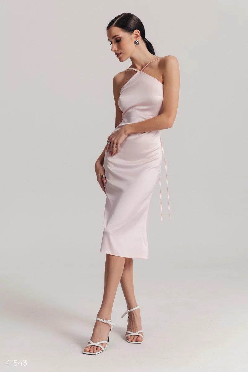 Розовое платье миди с завязками фотография 2
