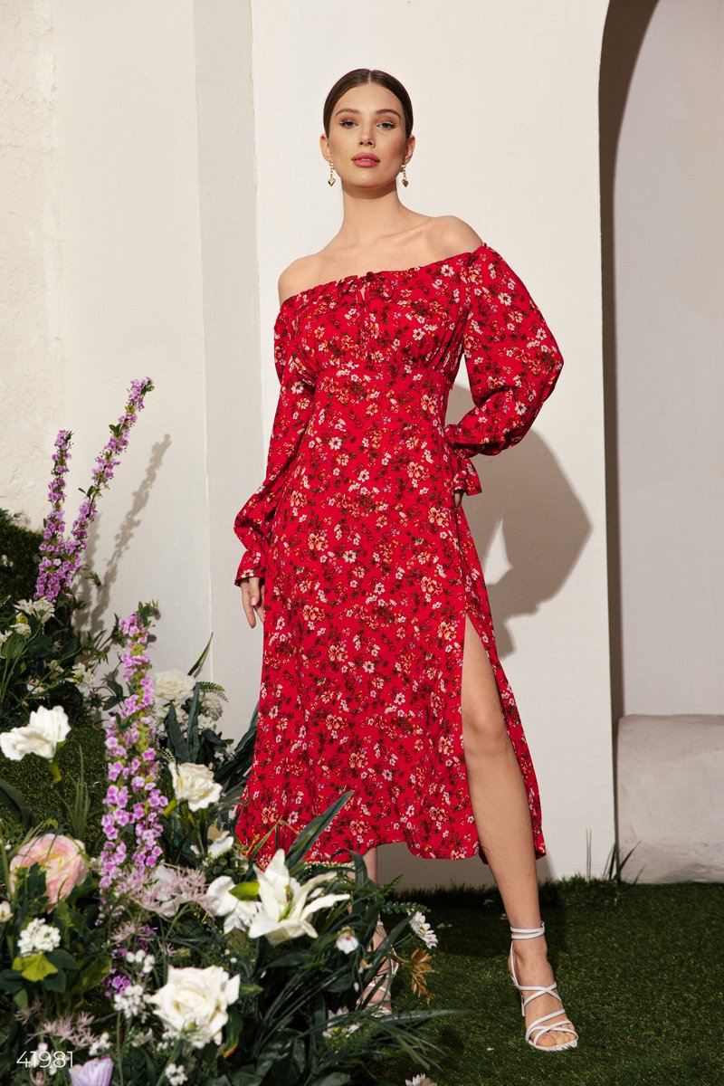 Червона квіткова сукня з розрізом Червоний 41981