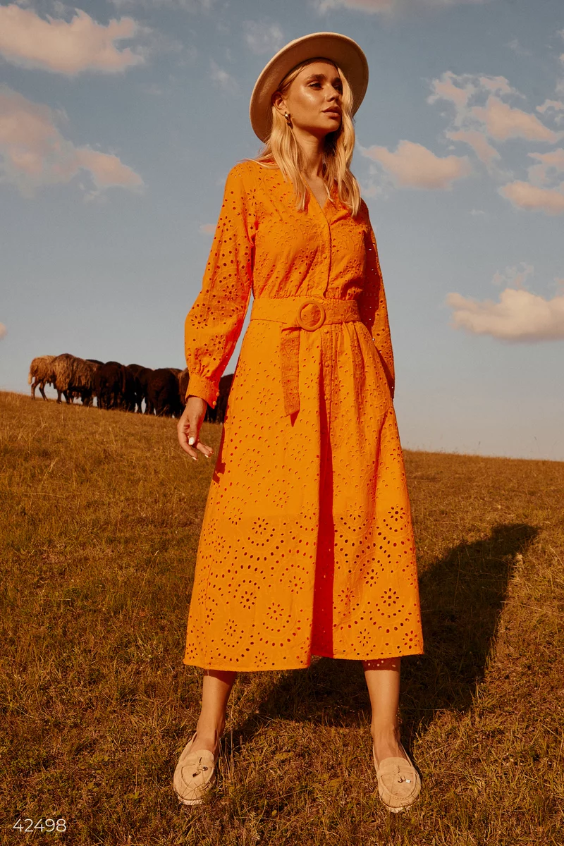 Бавовняна сукня-міді в оранжевому кольорі фотографія 3