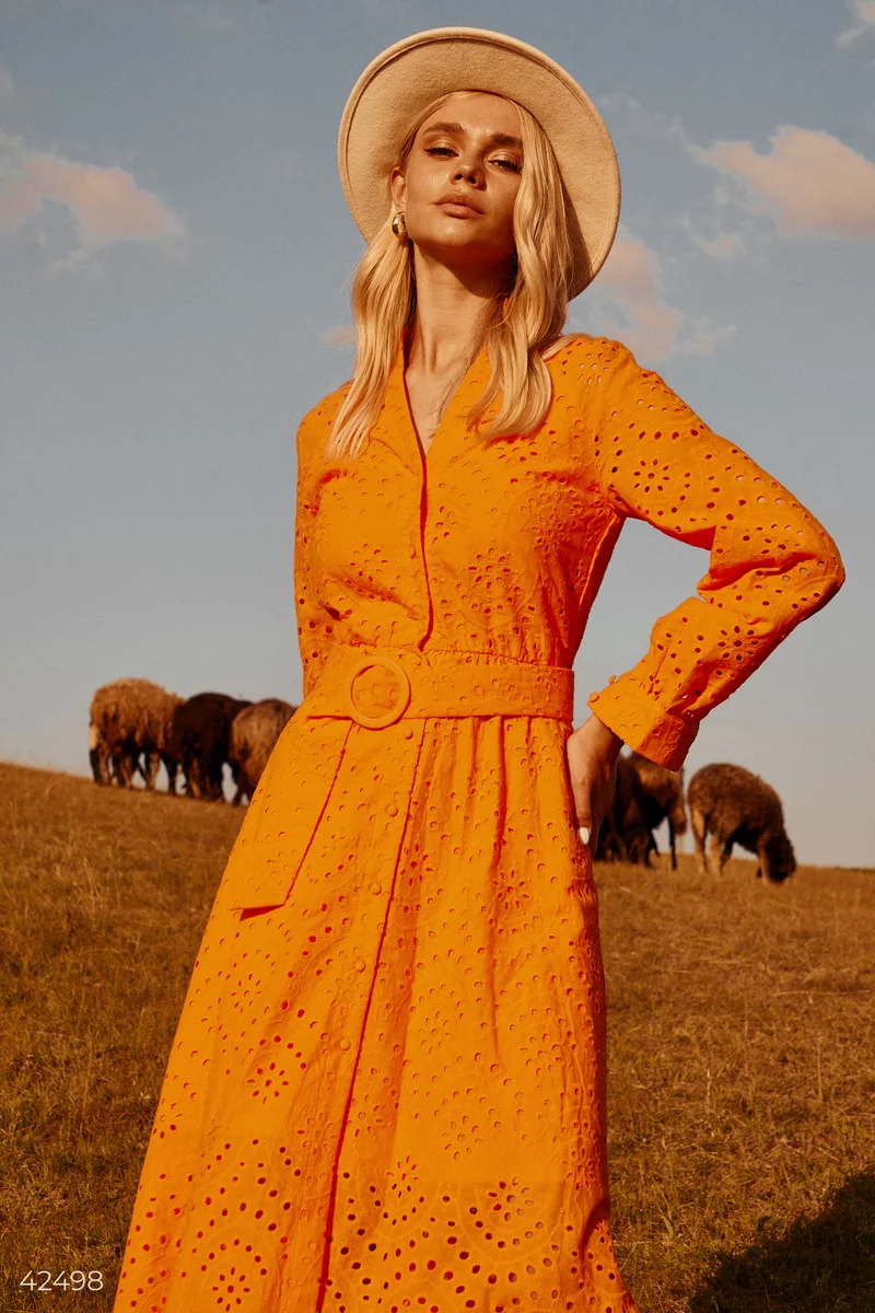Бавовняна сукня-міді в оранжевому кольорі фотографія 4