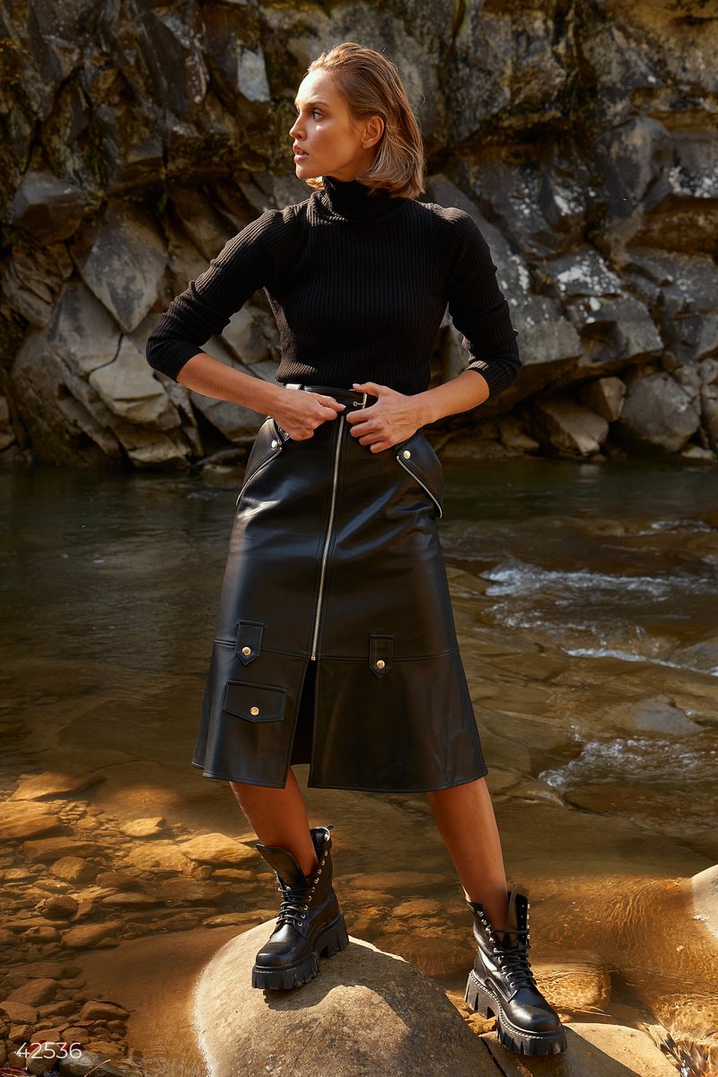 Smooth eco-leather midi skirt