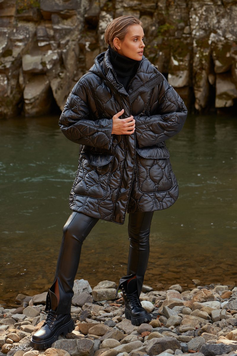 Black quilted jacket with belt