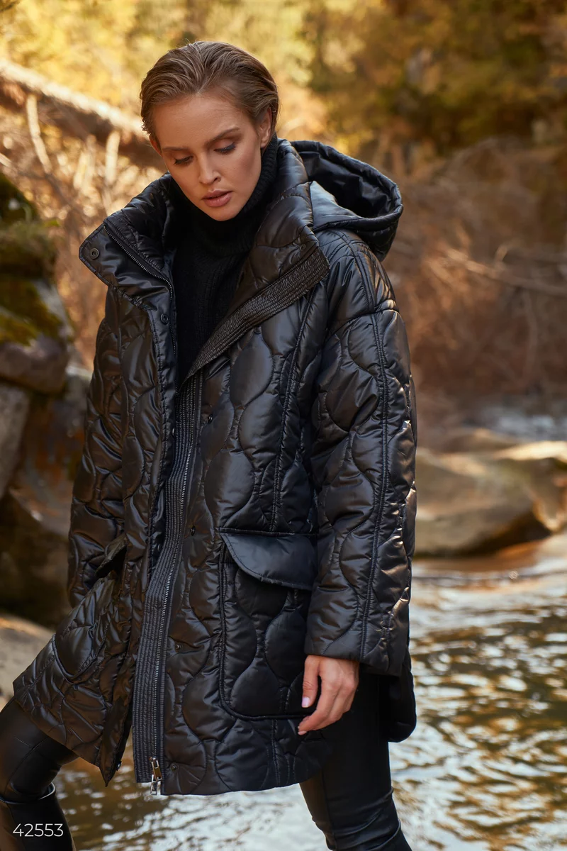 Black quilted jacket with belt photo 3