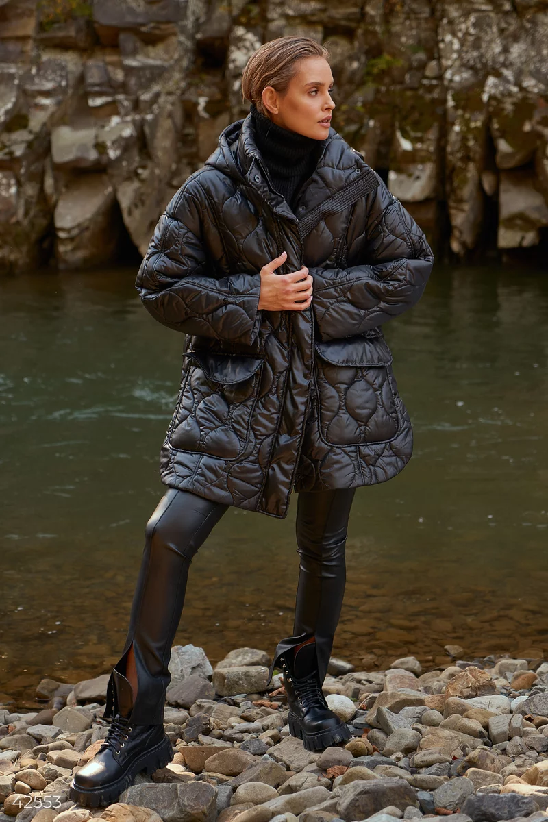 Black quilted jacket with belt photo 4