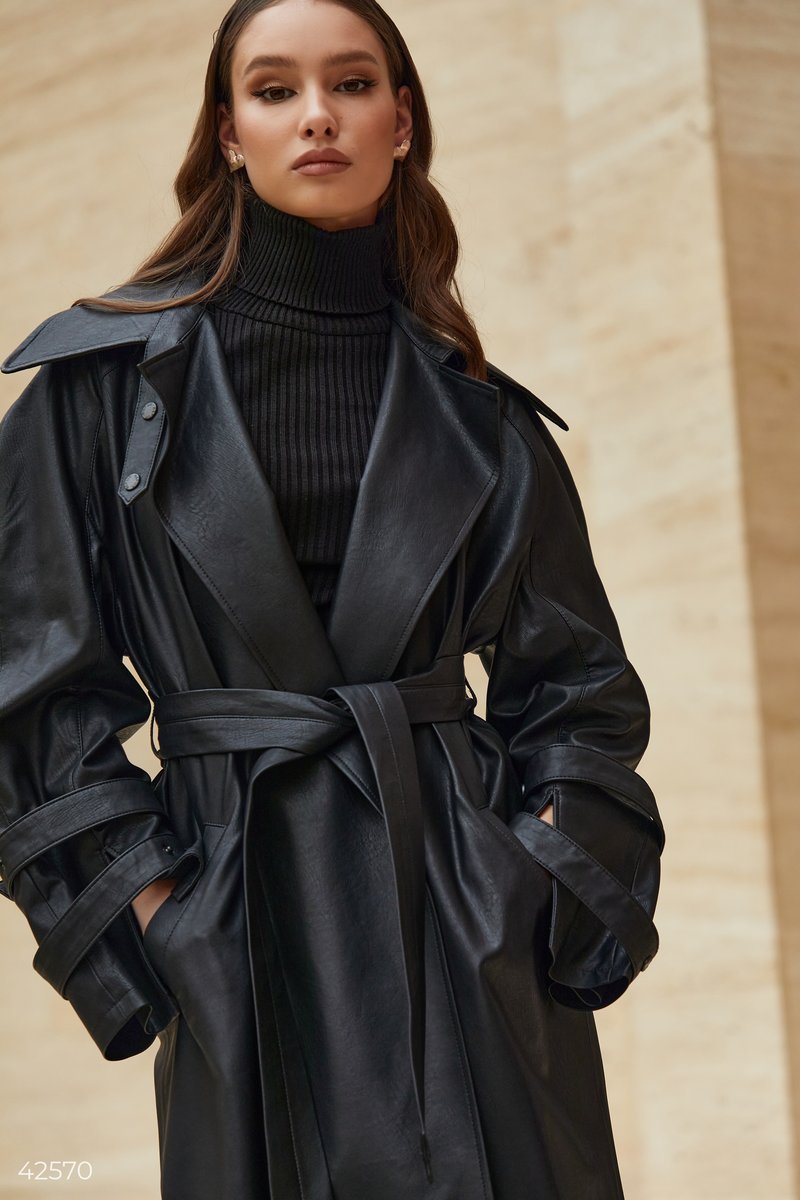 Black faux leather trench coat Black 42570