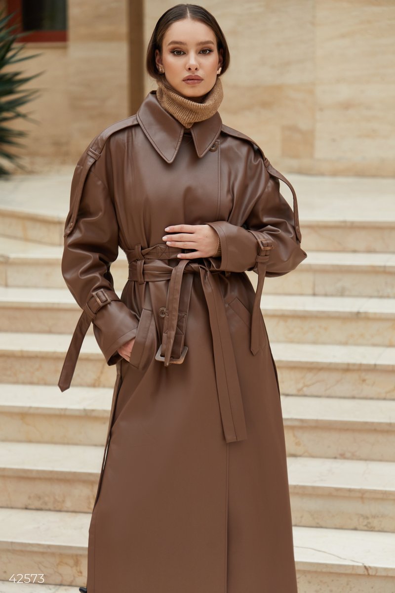 Chocolate trench coat made of eco-leather Brown 42573