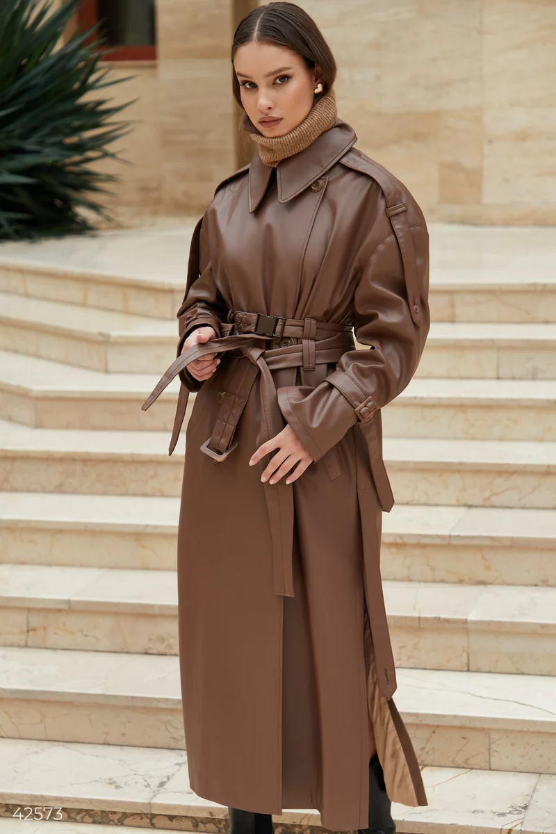 Chocolate trench coat made of eco-leather photo 3