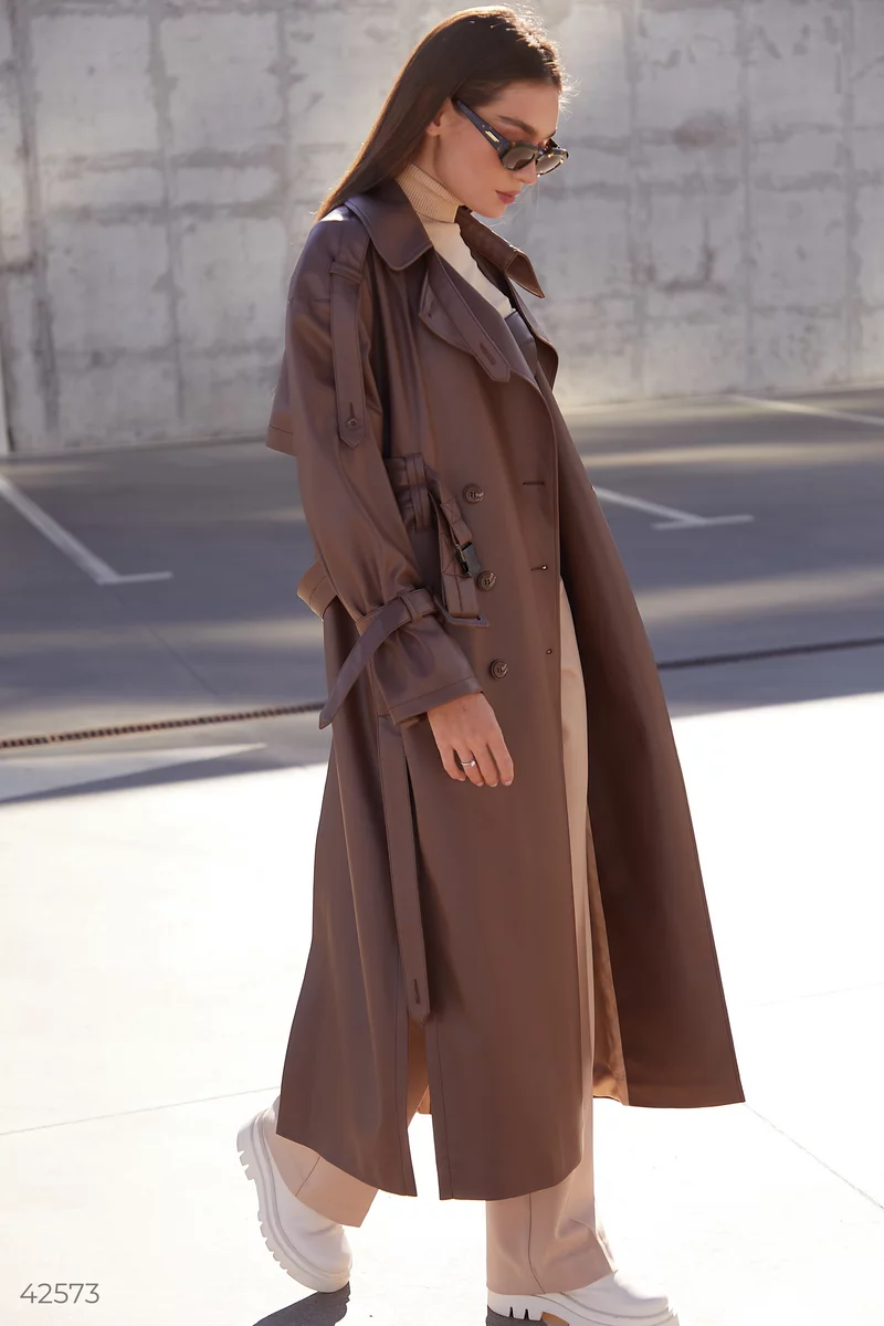 Chocolate trench coat made of eco-leather photo 4
