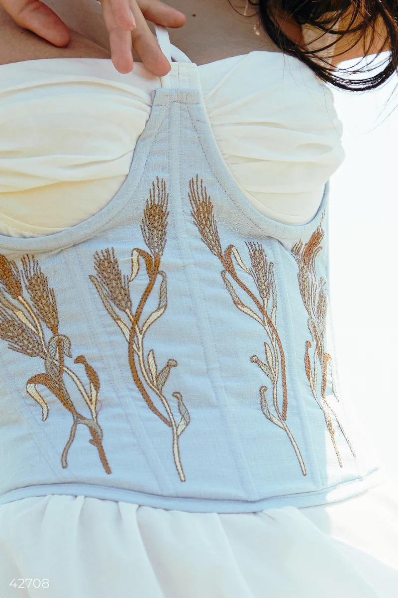 Blue linen corset with embroidery photo 3