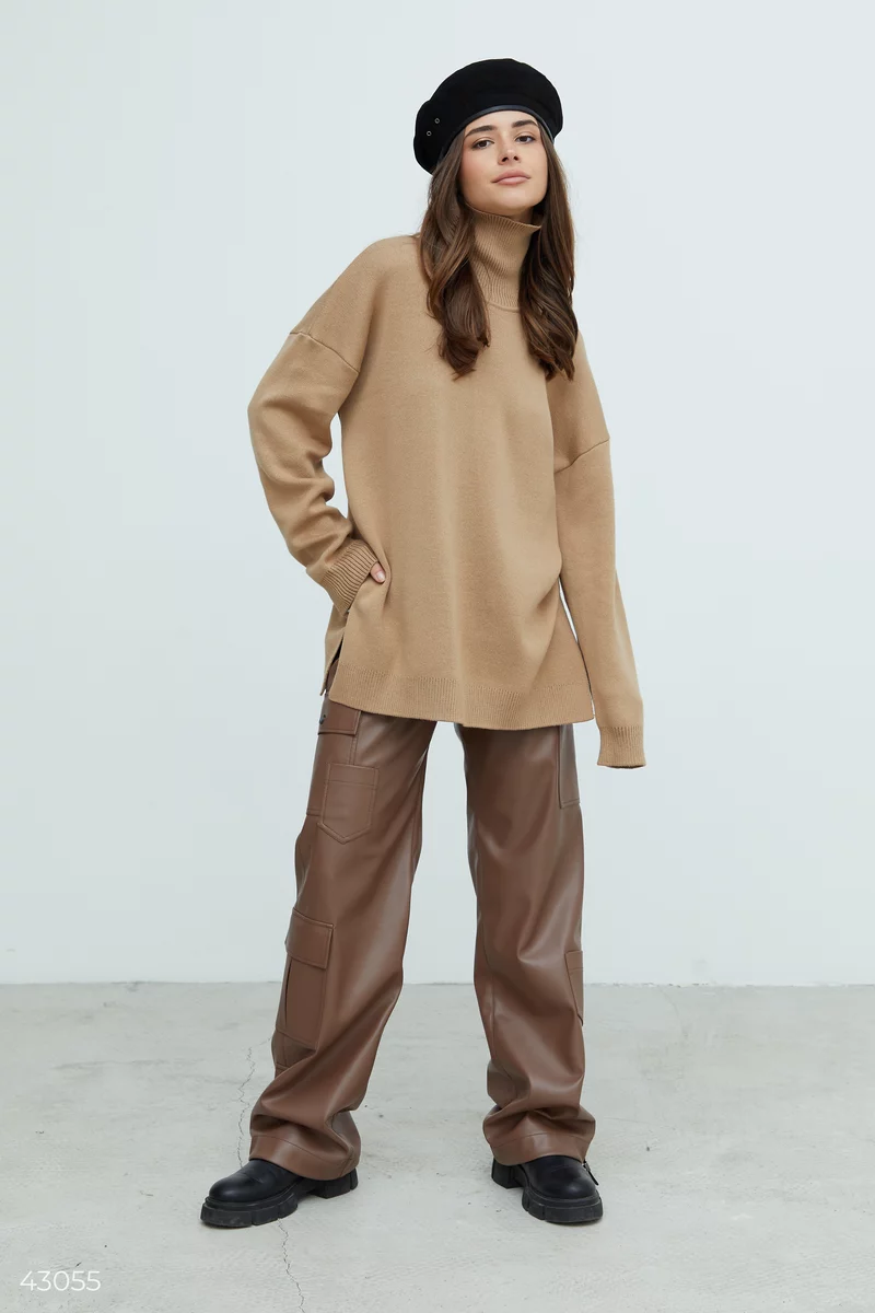 Warm sweater with slits in camel shade photo 3