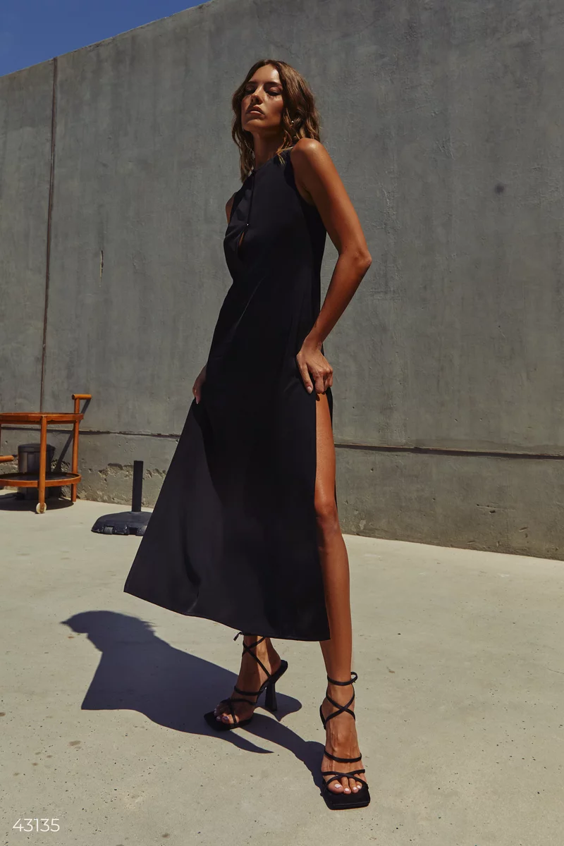 Сатинова чорна сукня із зав'язками фотографія 1