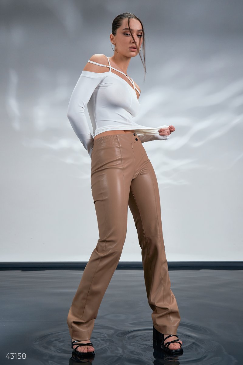 Beige eco-leather trousers photo 3