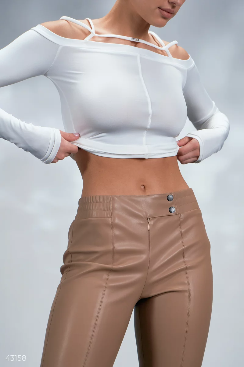 Beige eco-leather trousers photo 4