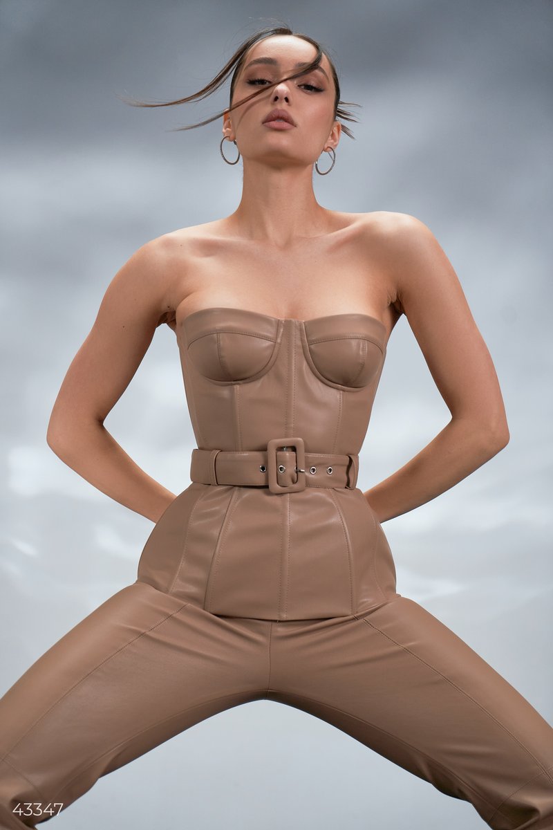 Peplum corset in beige eco-leather