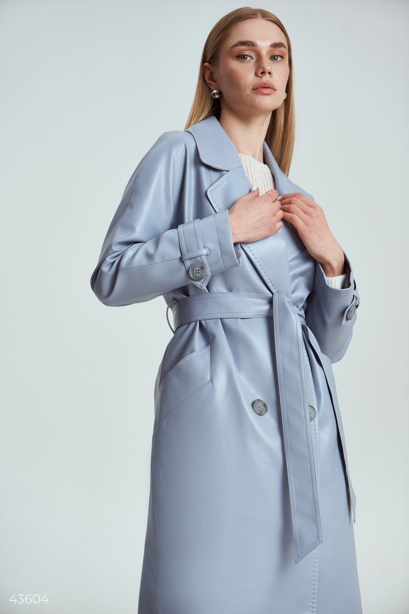 Blue faux leather trench coat