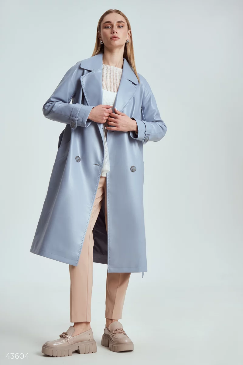 Blue faux leather trench coat photo 1