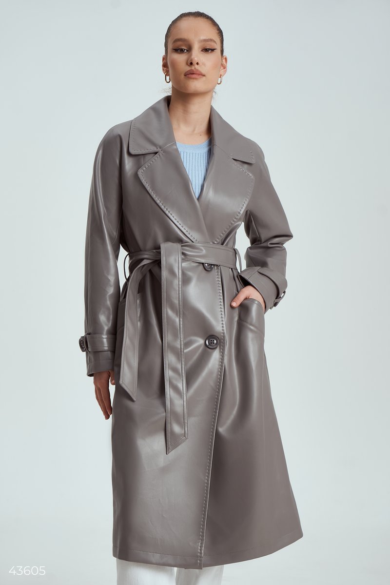 Gray faux leather trench coat