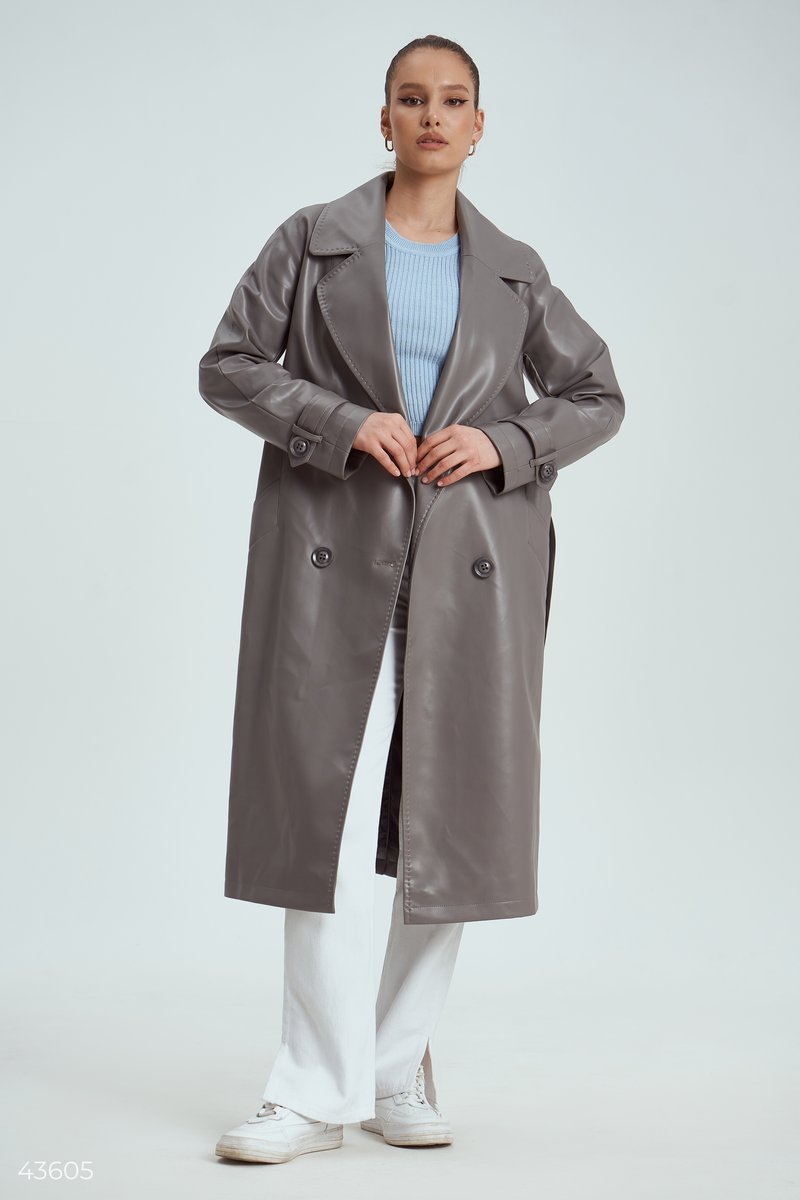 Gray faux leather trench coat