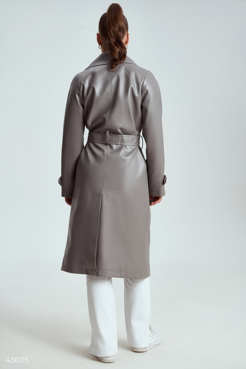 Gray faux leather trench coat photo 5