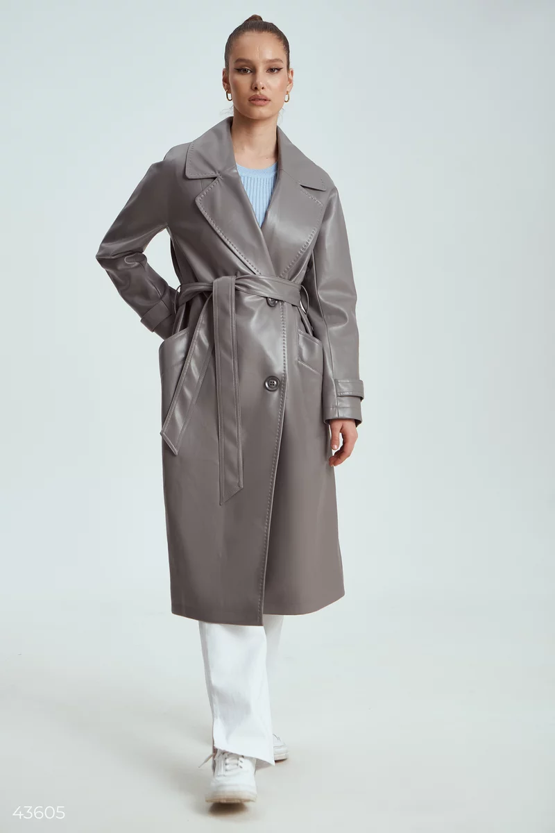Gray faux leather trench coat photo 1