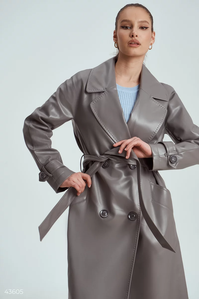 Gray faux leather trench coat photo 2