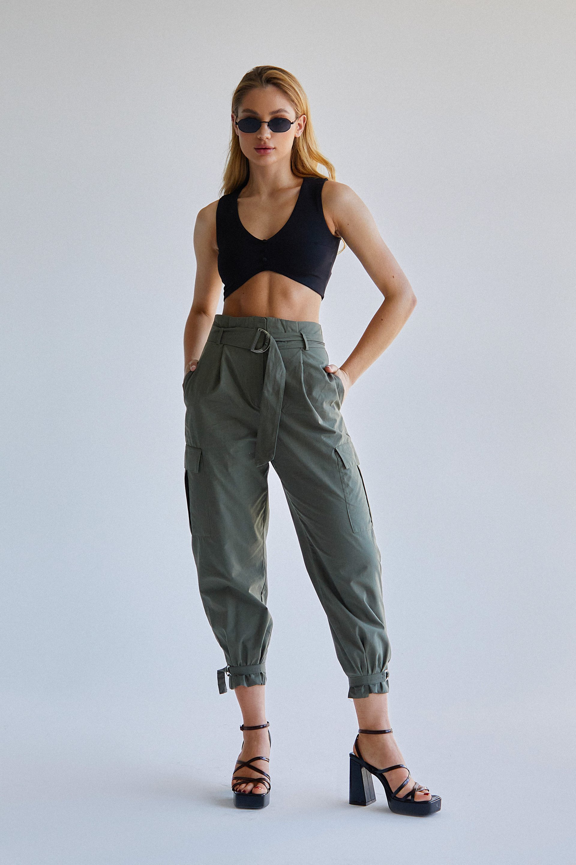 Khaki cotton cargo pants (№ 44090) ♡ Gepur - women clothes