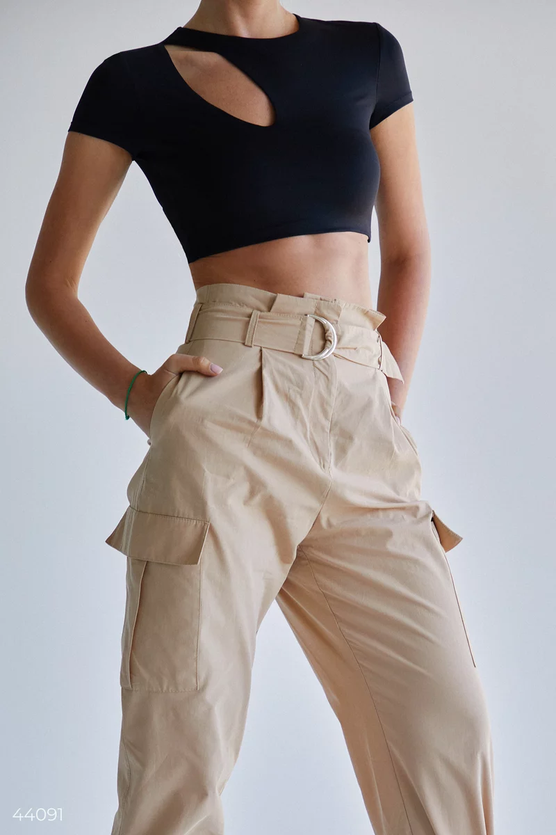 Beige cotton cargo pants (№ 44091) ♡ Gepur - women clothes store
