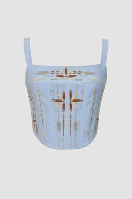 Blue embroidered linen corset
