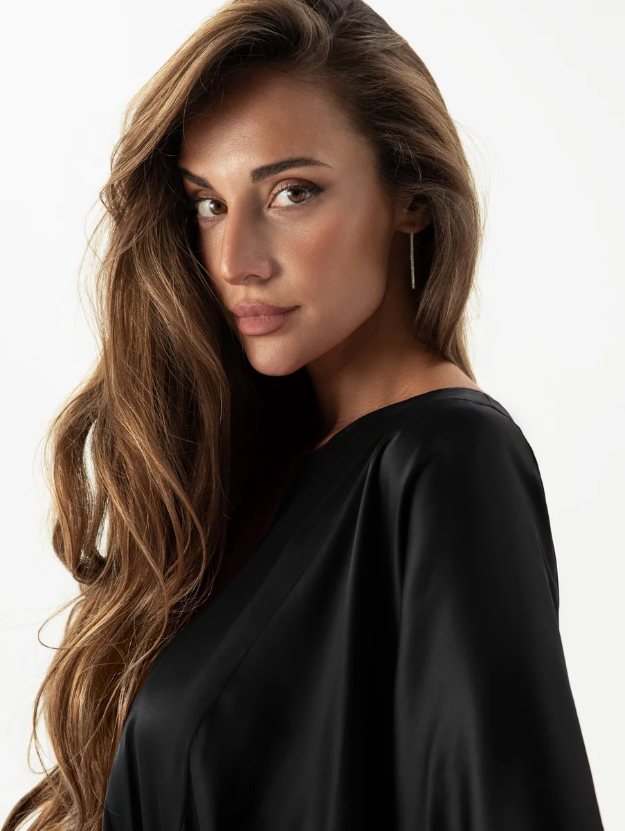 Black silk mini dress with voluminous sleeves photo 5
