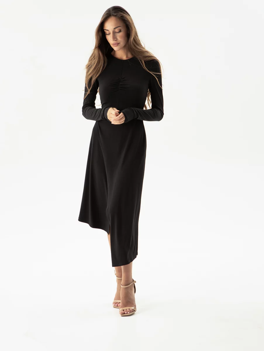Black knitted midi dress with an asymmetrical cut photo 2