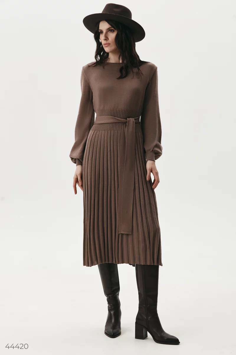 Knitted midi dress in a mocha shade with a pleated bottom photo 1