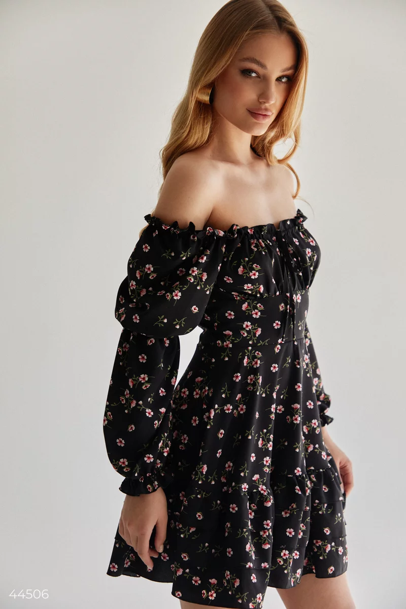 Black dress with pink floral print photo 5