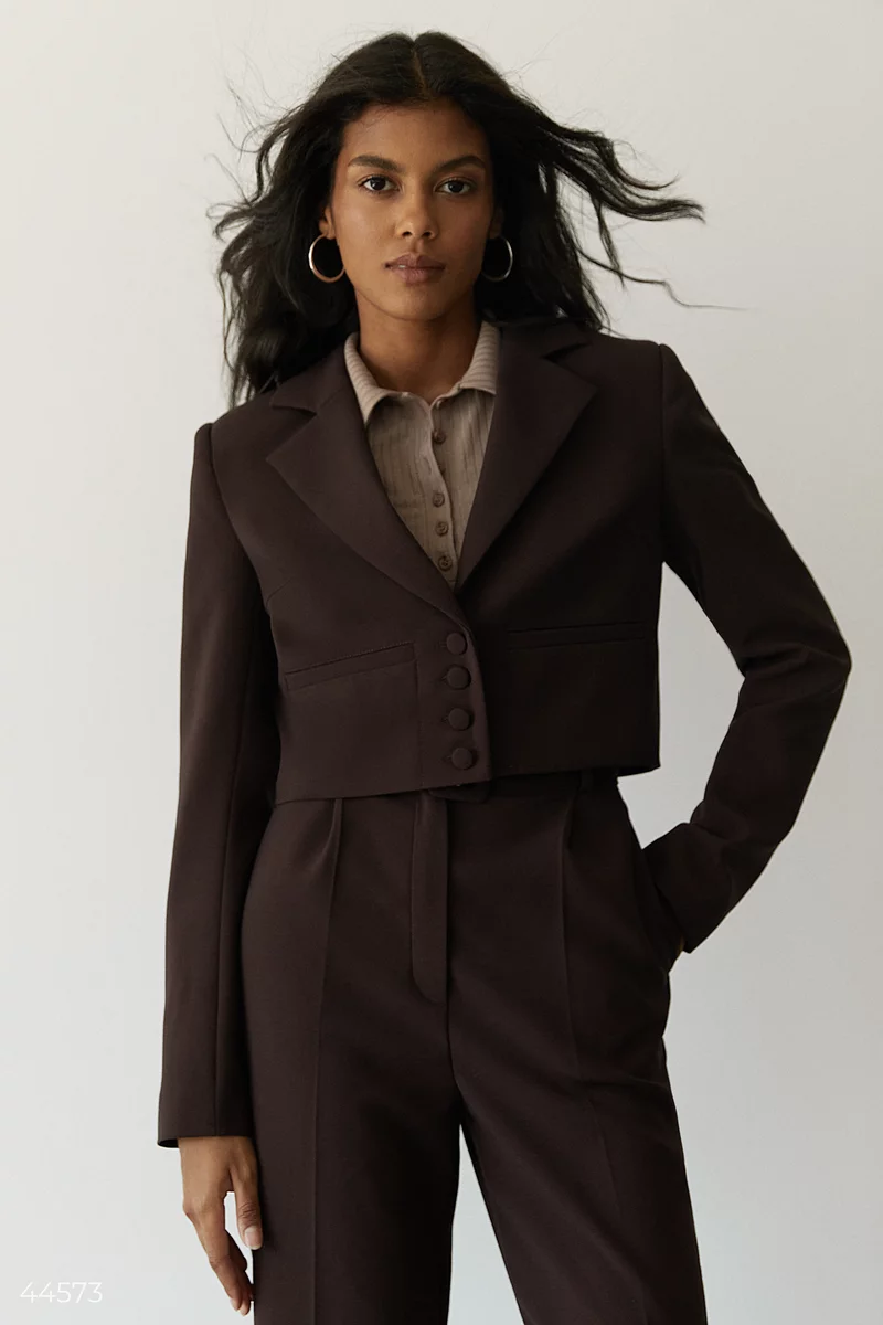 Chocolate crop jacket in suit fabric photo 1