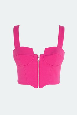 A crimson corset top with a zipper