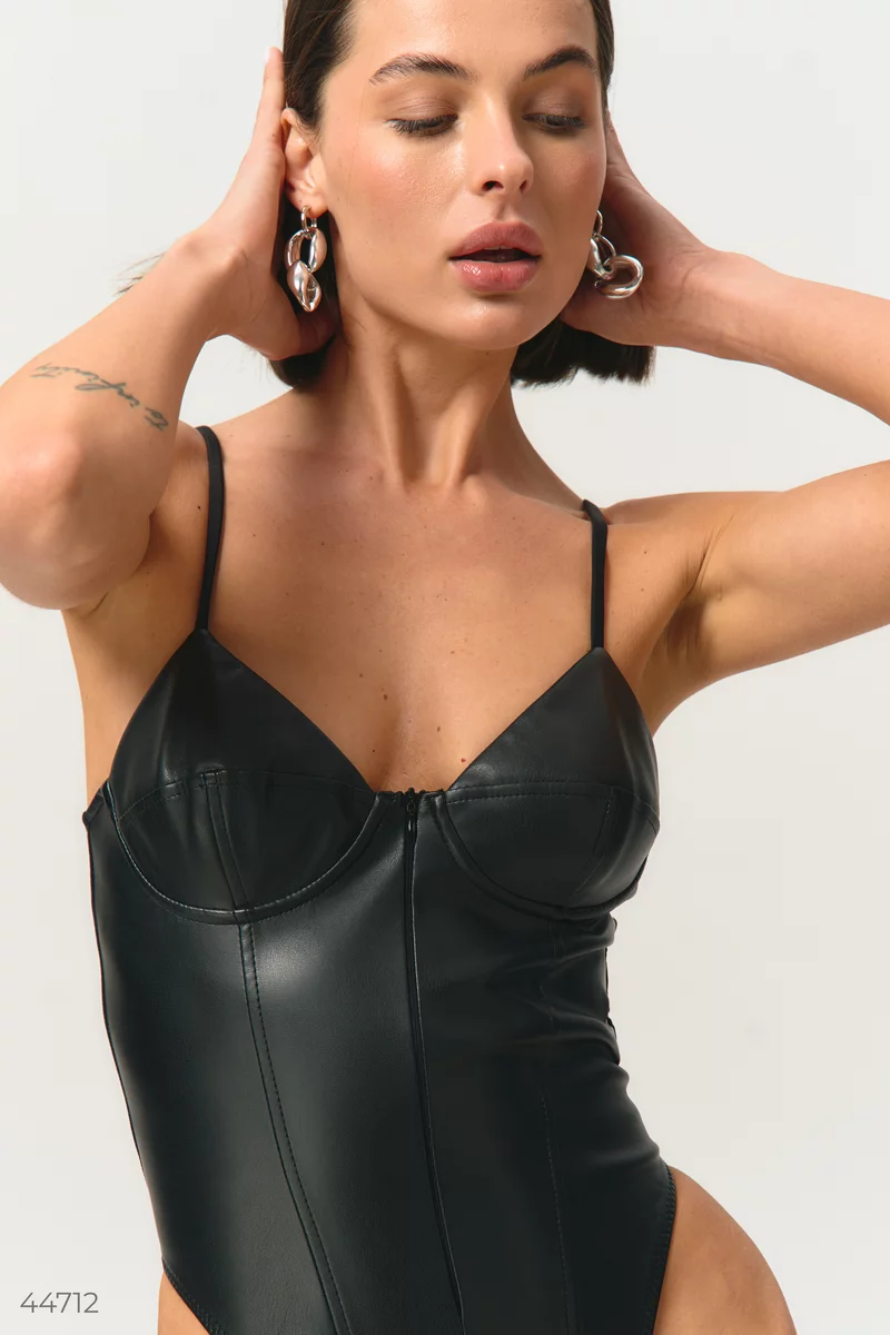 Black bodysuit with leather inserts photo 2