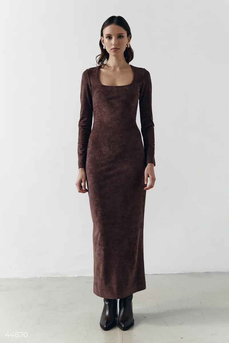 Brown long bodycon dress with ecosuede photo 3