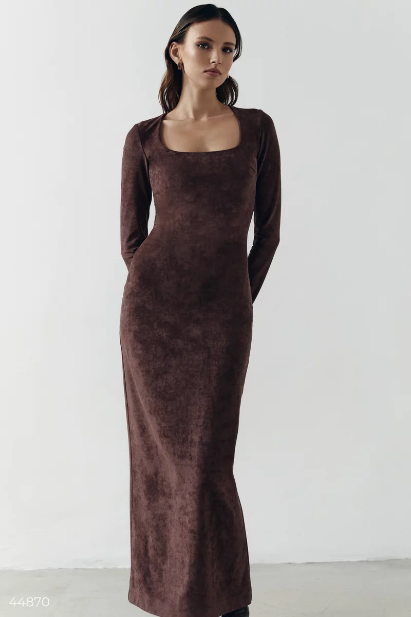 Brown long bodycon dress with ecosuede photo 4