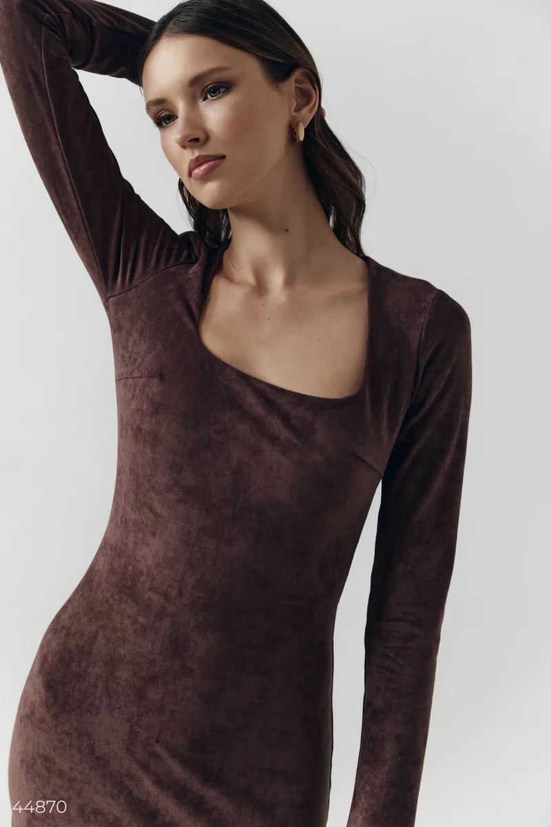 Brown long bodycon dress with ecosuede photo 5